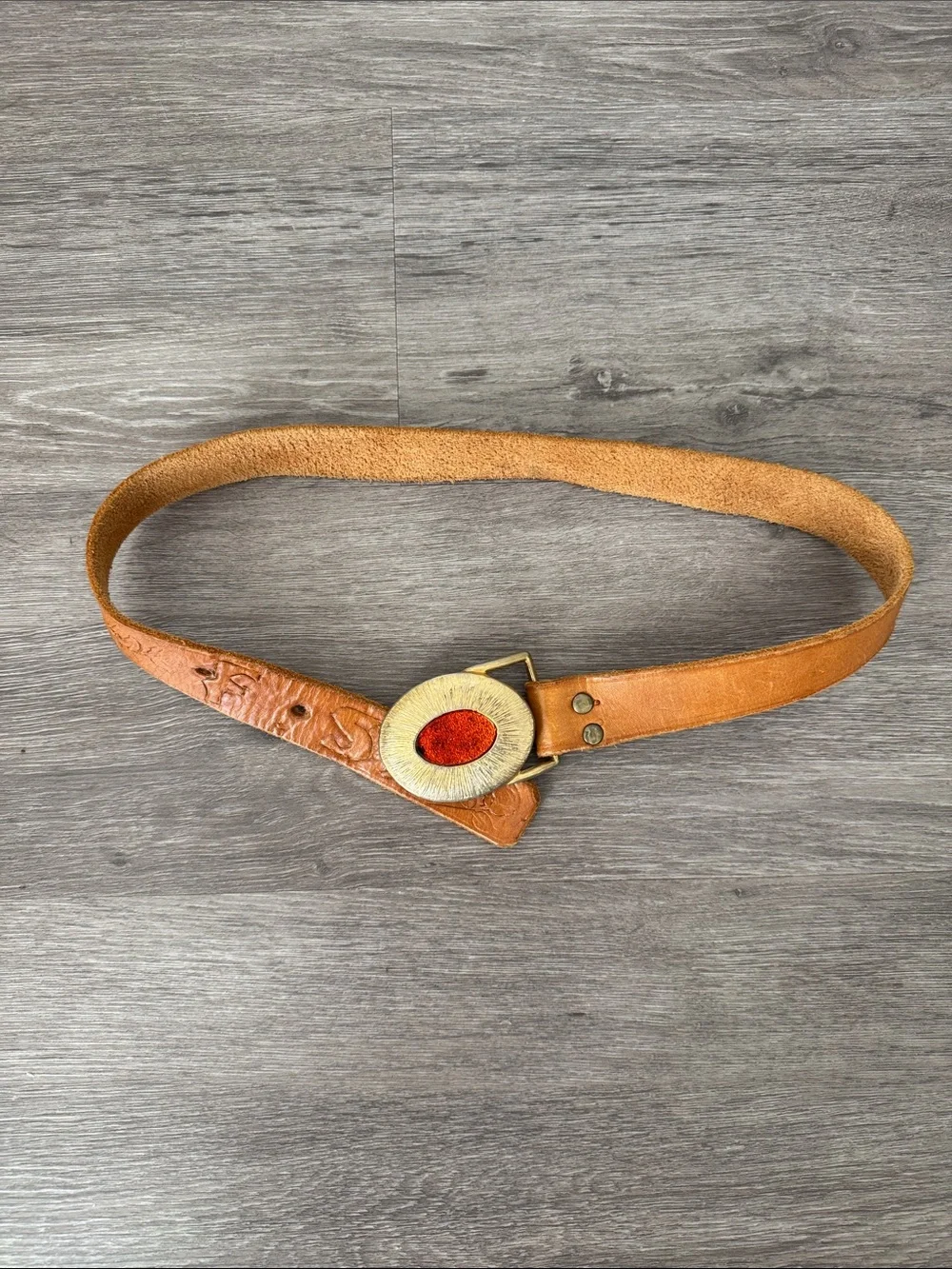 Vintage Handmade Tan Leather Belt with Gold & Red Sunburst Buckle